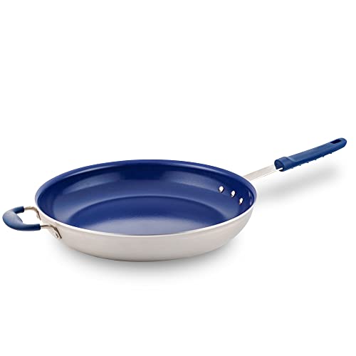 14" Extra Large Fry Pan - Skillet Nonstick Frying Pan with Silicone Handle, Ceramic Coating, Blue Silicone Handle, Stain-Resistant and Easy to Clean, Professional Home Cookware