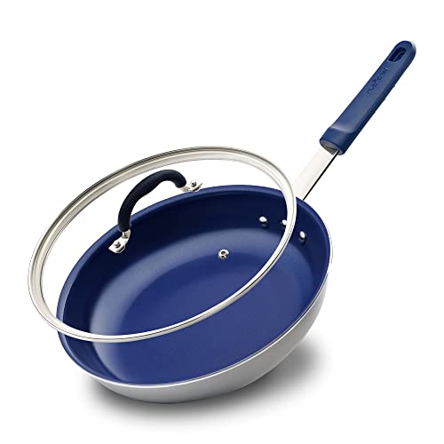 10" Fry Pan with Lid - Medium Skillet Nonstick Frying Pan with Silicone Handle, Ceramic Coating, Blue Silicone Handle, Stain-Resistant and Easy to Clean, Professional Home Cookware