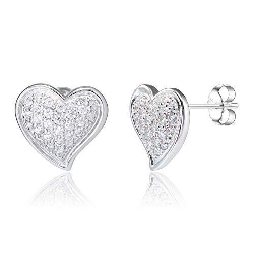 .925 Sterling Silver Cubic Zirconia 1/2" Pavé Contoured Heart Stud Earrings