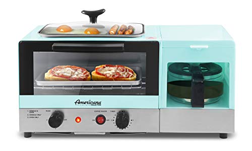 "Elite Gourmet Americana 2 Slice, 5.5"" Griddle 3-in-1 Breakfast Center Station, 4-Cup Coffeemaker, Toaster Oven with 15-Min Timer, Heat Selector Mode", Blue, EBK8810BL
