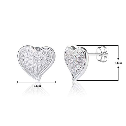 .925 Sterling Silver Cubic Zirconia 1/2" Pavé Contoured Heart Stud Earrings