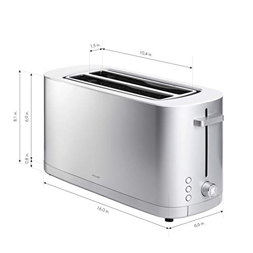 ZWILLING Enfinigy Cool Touch 2 Long Slot Toaster, 4 Slices with Extra Wide 1.5" Slots for Bagels, 7 Toast Settings, Even Toasting, Reheat, Cancel, Defrost, Silver