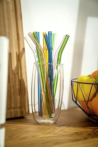 ZWILLING Sorrento Glass Reusable Straw Set with Cleaning Tool, Multicolored, Angled, 4, 1009754