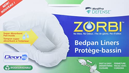 Zorbi Biodegradable Commode and Bedpan Liner Bags with Super Absorbent Pads, White, 20 Count