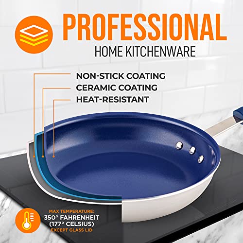 10" Fry Pan with Lid - Medium Skillet Nonstick Frying Pan with Silicone Handle, Ceramic Coating, Blue Silicone Handle, Stain-Resistant and Easy to Clean, Professional Home Cookware