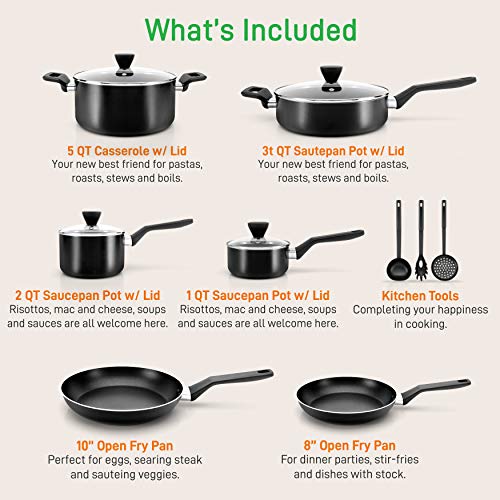 13-Piece Nonstick Kitchen Cookware Set - PTFE/PFOA/PFOS Free Heat Resistant Kitchen Ware Pots Pan Set w/ Saucepan, Frying Pans, Cooking Pots, Casserole, Lids, Ladle, Fork, Strainer - NutriChef NCCWA13