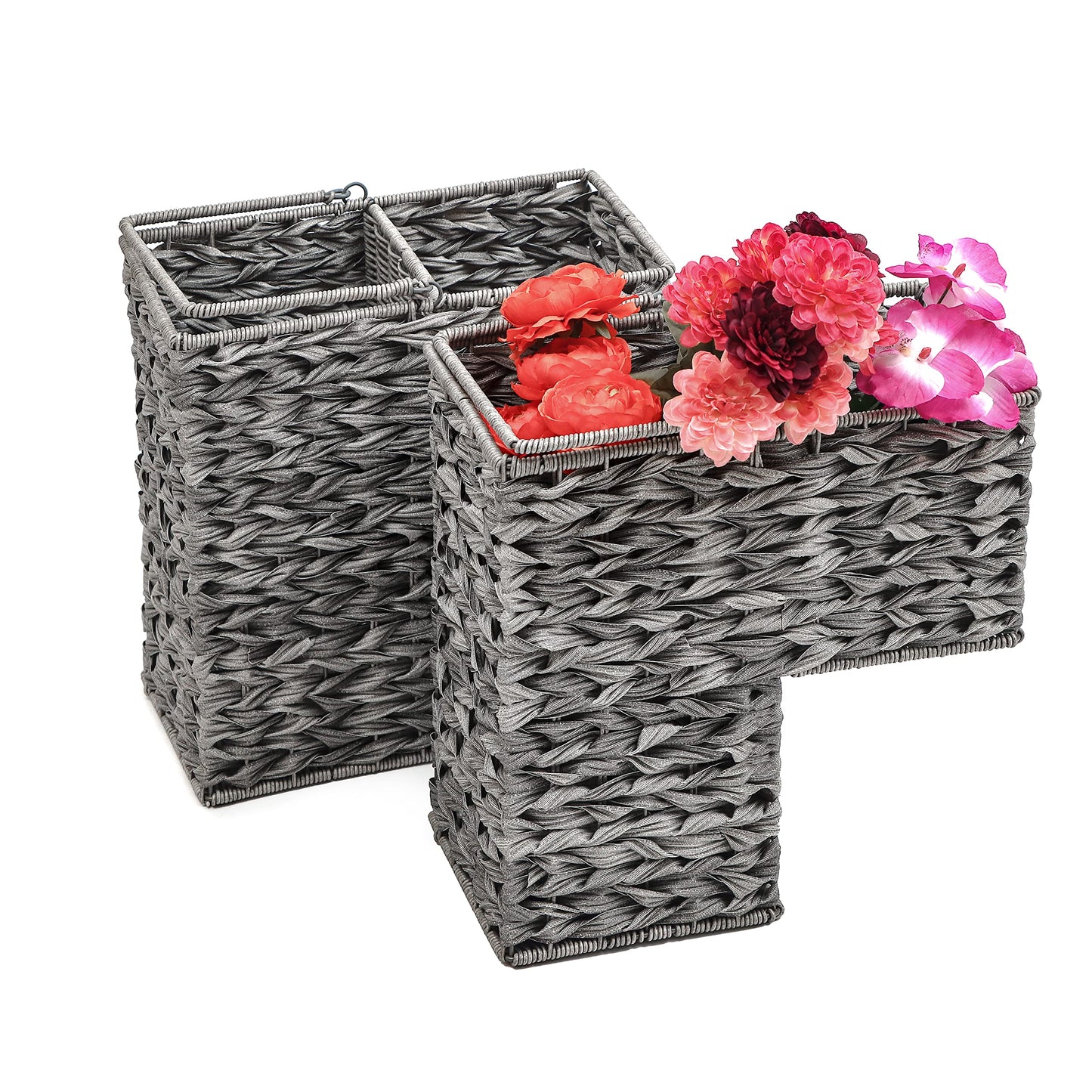 14.5" Plastic Wicker Storage Stair Basket Set With Handles by Trademark Innovations (Set of 2, Grey)